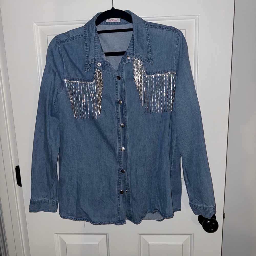 Women's Blue Denim Jacket with Silver Fringe